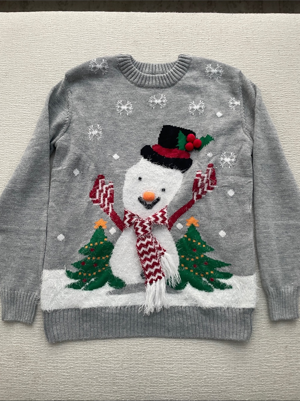 Holiday Sweater Gray with snowman and Festive Trim